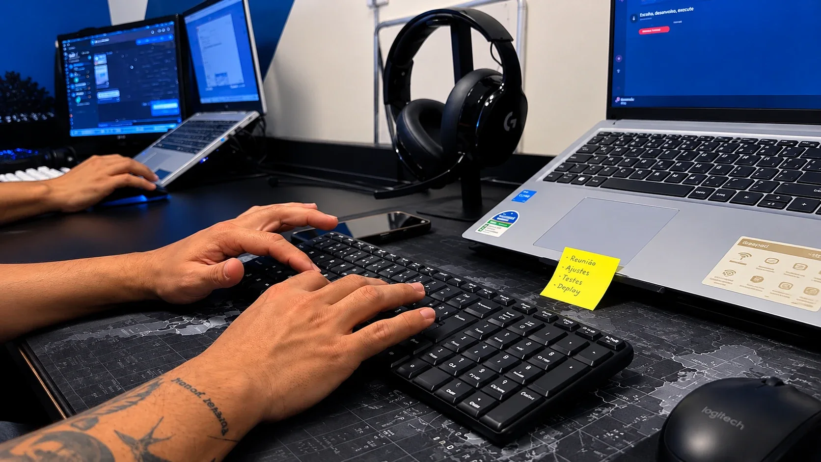 Mãos digitando em um teclado na mesa do time de desenvolvimento da Command, com notebooks, fone de ouvido e um lembrete com "Reunião, Ajustes, Testes, Deploy"