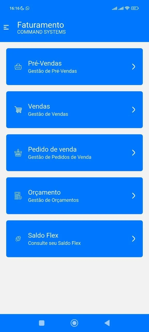 Menu de faturamento do aplicativo com pré-vendas, vendas, pedido de venda, orçamento e saldo flex