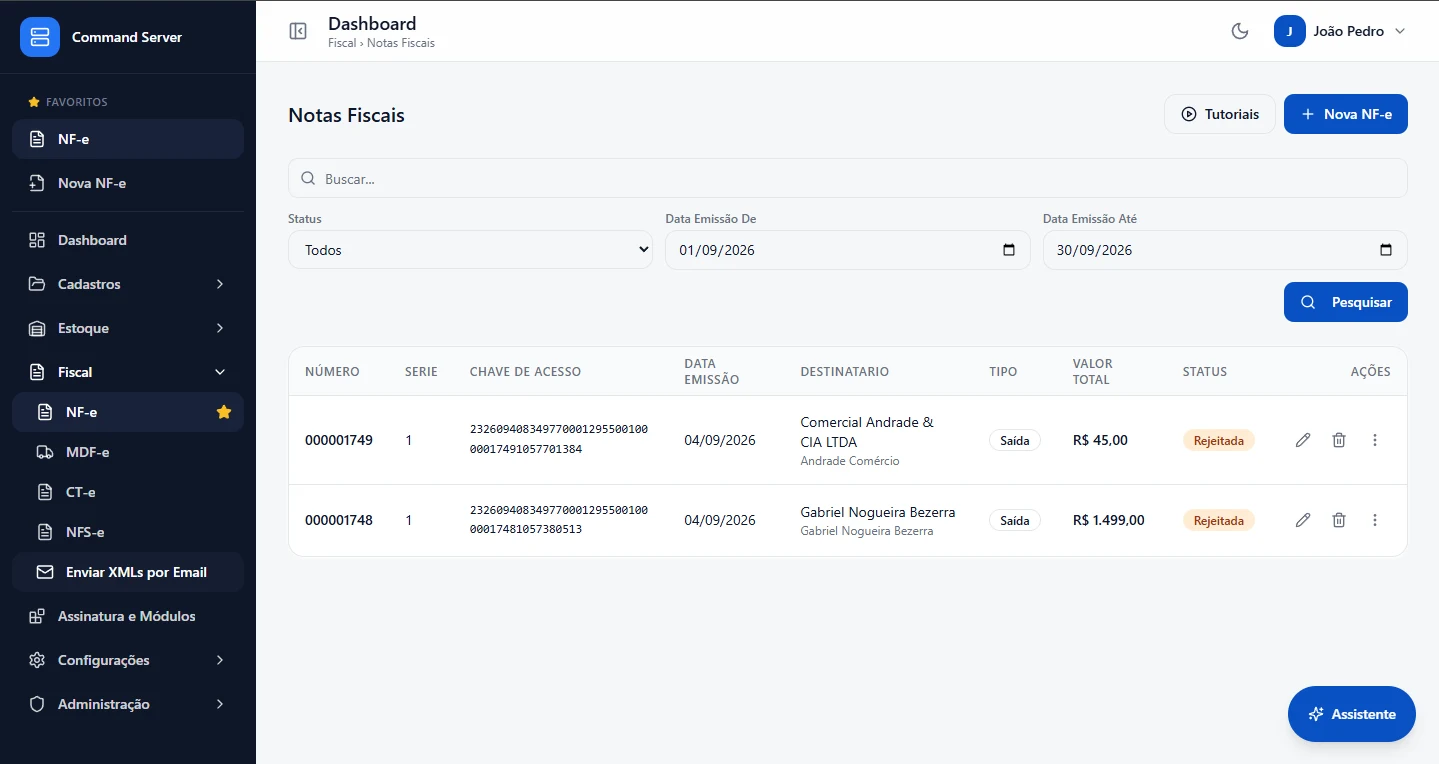 Tela real de notas fiscais do Command Server com lista de NF-e, chave de acesso, destinatário, valor e status