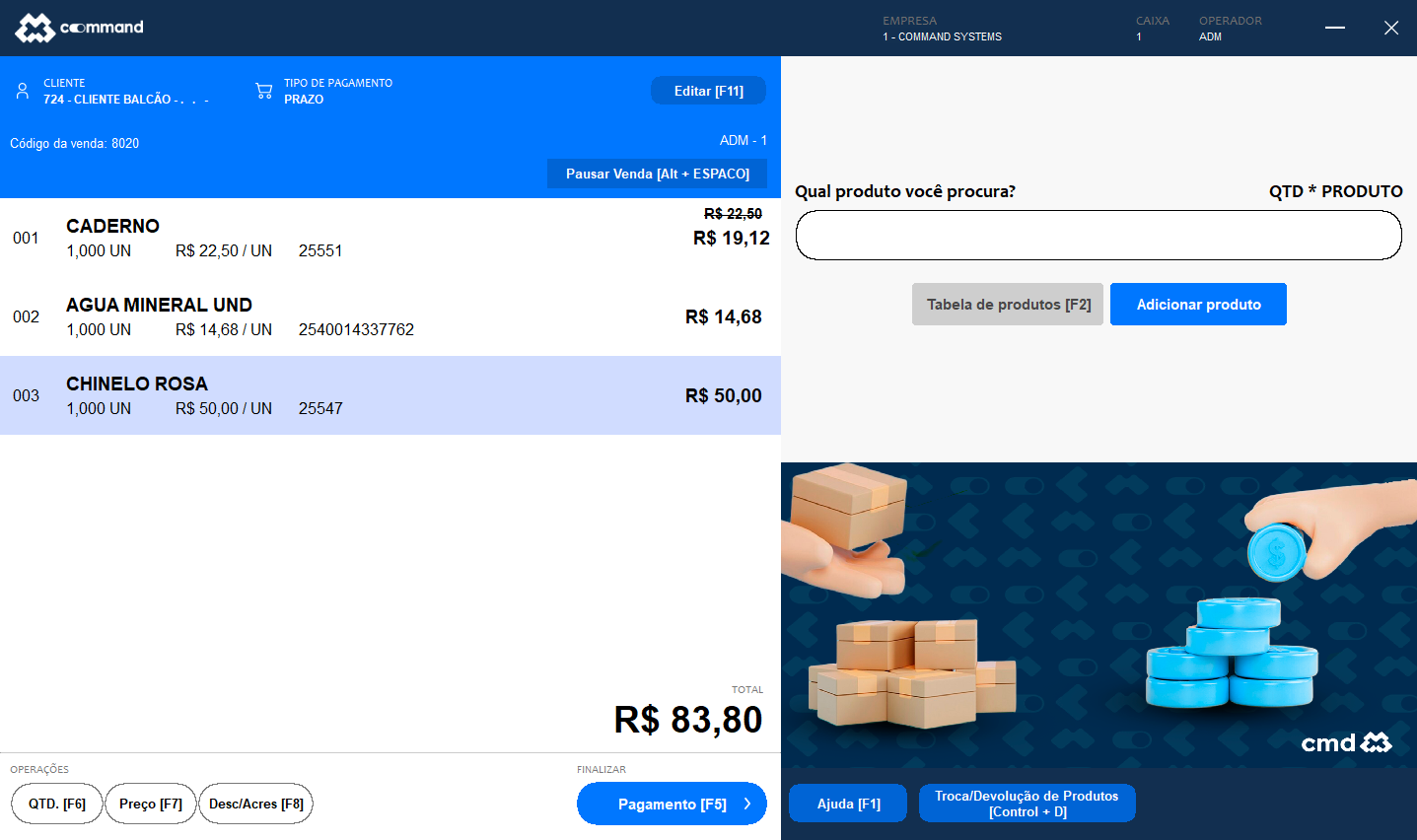 Tela real do PDV Command com itens da venda, total e botão de pagamento